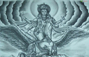 Lord Vishnu and Garuda carrying Mandara mountain